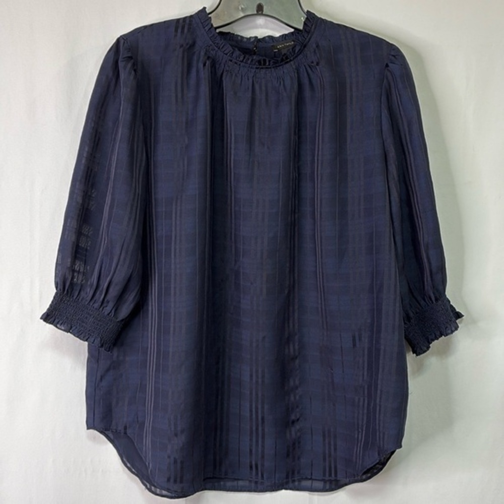 🫎 Ann Taylor blue on blue sheer plaid medium length sleeve blouse